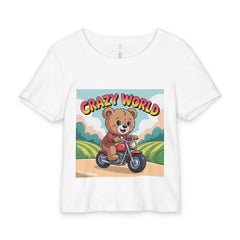 White t-shirt with a cartoon bear on a motorcycle and 'Crazy World' text on a white background
