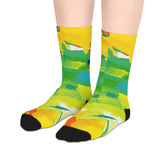 Colorful Abstract Art Mid-Length Socks — Bright Yellow Green Paint Splash Design thumbnail 3