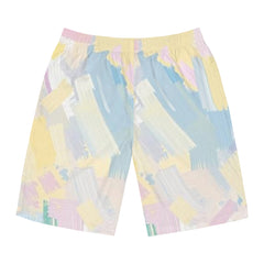 Colorful abstract patterned shorts on a white background