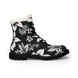 Floral Fur-Lined Leather Boots — Black & White Winter Combat Boots thumbnail 1