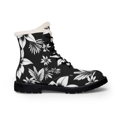 Black boot with white floral pattern on a white background