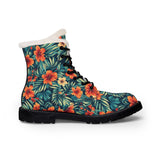 Floral Fur-Lined Leather Boots – Tropical Hibiscus Winter Boots for Women thumbnail 1