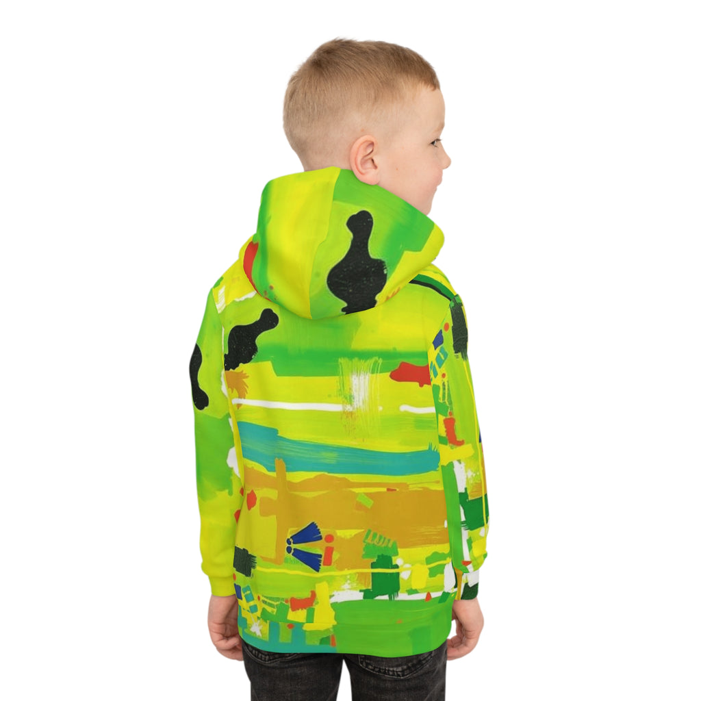 Kids Abstract Green Hoodie — Bright All-Over Print Sweatshirt