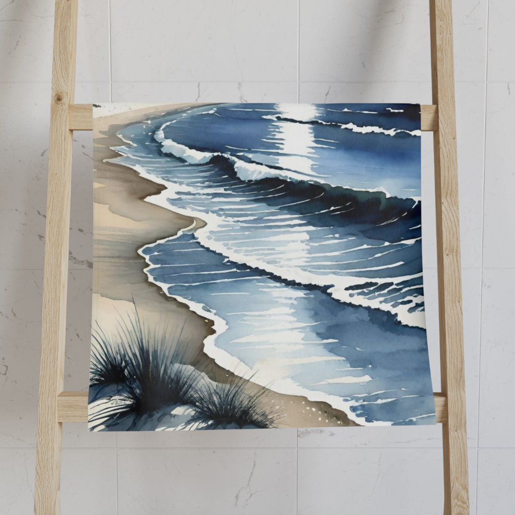 Moonlit Ocean Hand Towel — Coastal Night Beach Waves Design