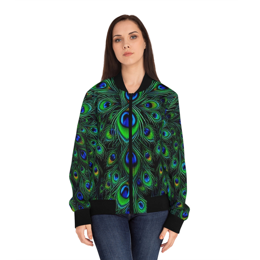 Peacock Feather All-Over Print Bomber Jacket — Women's Vibrant Green Blue Statement Outerwear