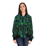 Peacock Feather All-Over Print Bomber Jacket — Women's Vibrant Green Blue Statement Outerwear thumbnail 3