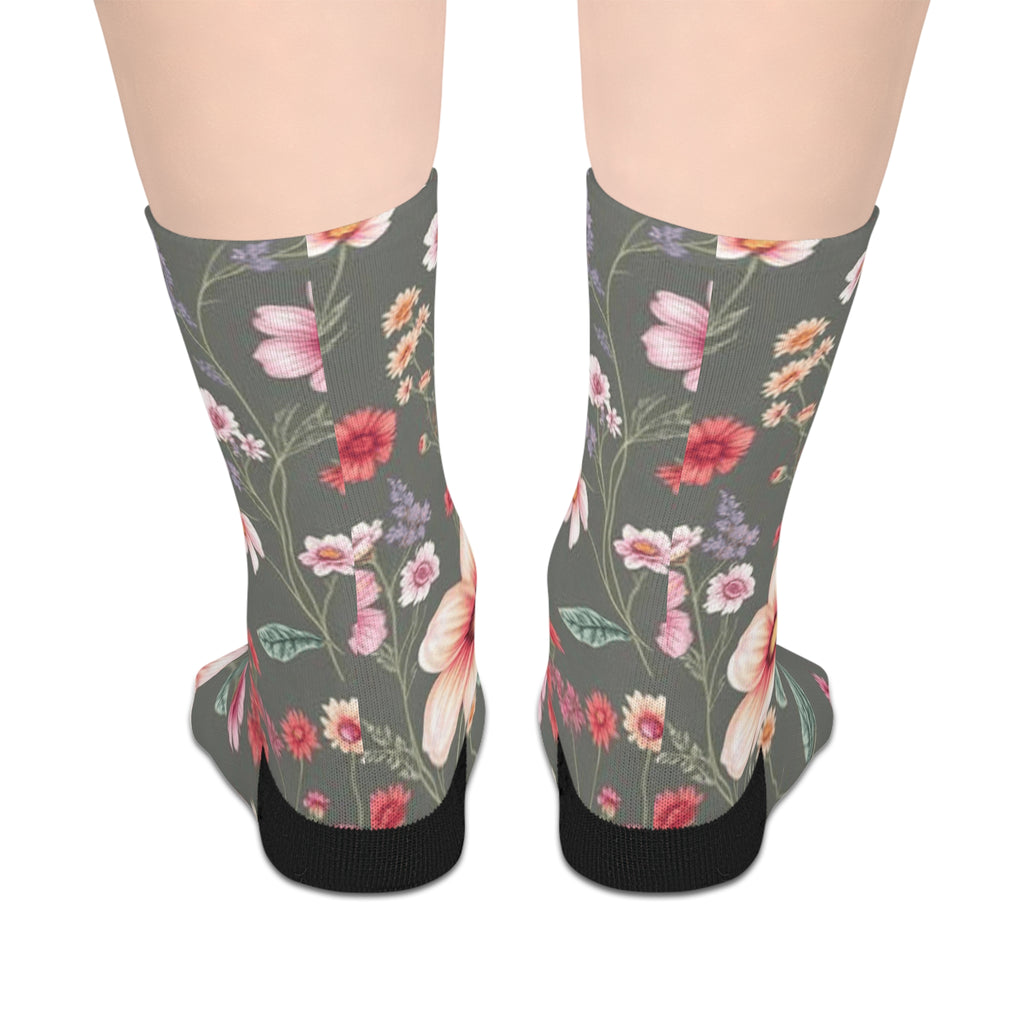 Floral Blooms Mid-Length Socks — Vintage Green Pink Flower Crew Socks