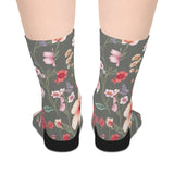 Floral Blooms Mid-Length Socks — Vintage Green Pink Flower Crew Socks thumbnail 2