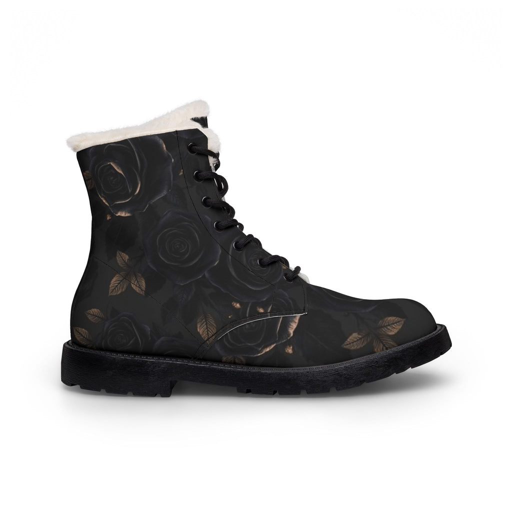 Women's Black Rose Fur-Lined Leather Boots — Warm Winter Lace-Up Combat Style