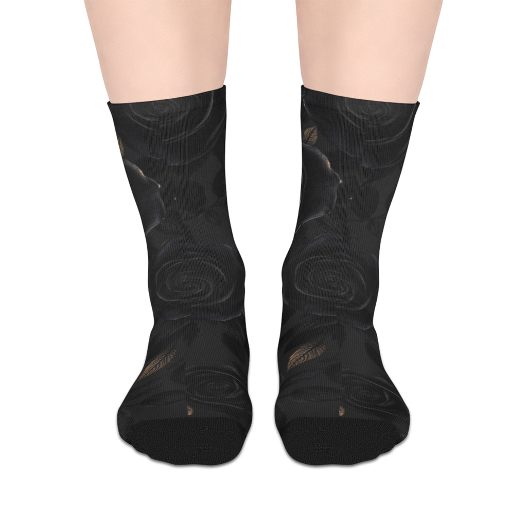 Black Rose Mid-Length Socks — Gothic Floral Crew Socks