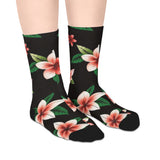 Tropical Plumeria Mid-Length Socks — Floral Black Crew Socks thumbnail 4
