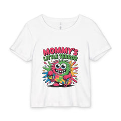 White t-shirt with colorful monster graphic and 'Mommy's Little Terror' text on a white background
