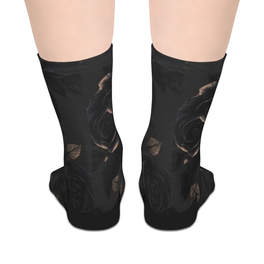 Black Rose Mid-Length Socks — Gothic Floral Crew Socks
