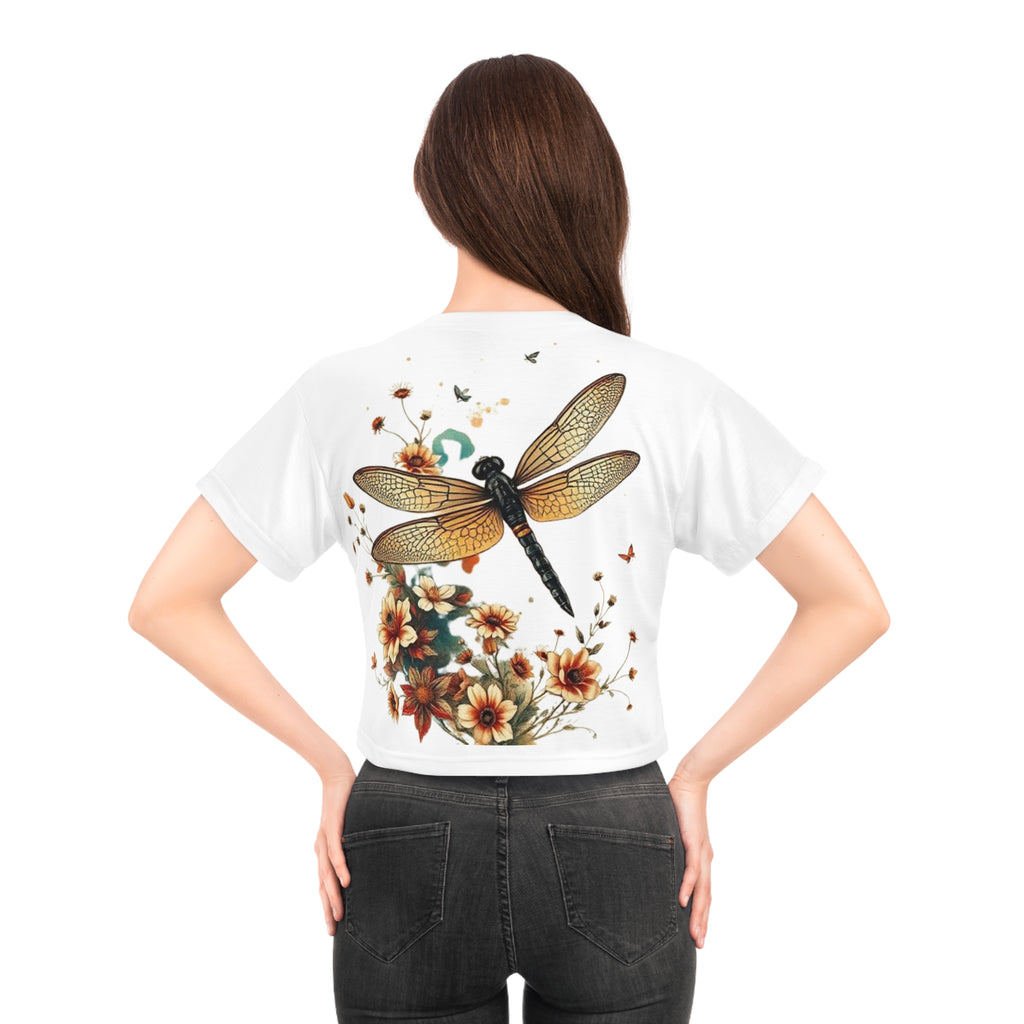 Dragonfly Floral Crop Tee — Vintage Botanical Summer Top