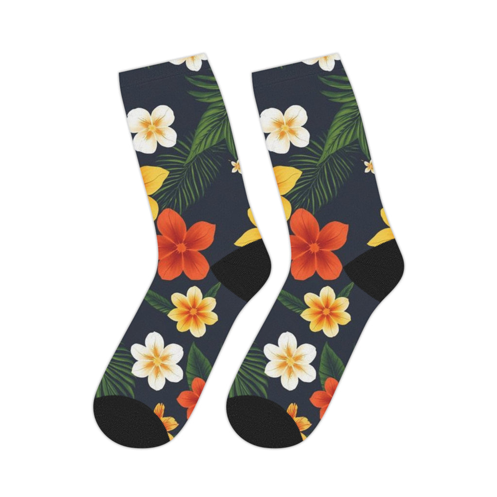 Tropical Floral Mid-Length Socks — Yellow & Orange Plumeria Design