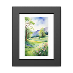 Framed artwork of a scenic landscape with trees, flowers, and mountains.