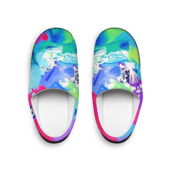 Colorful slip-on shoes with a cartoon design on a white background