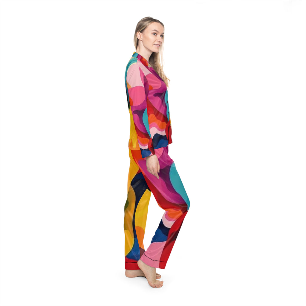 Colorful Abstract Satin Pajama Set — Women's Vibrant Lounge PJs