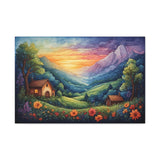 Sunset Valley Landscape Canvas Print — Cottage, Mountains & Wildflowers Matte Stretched thumbnail 3