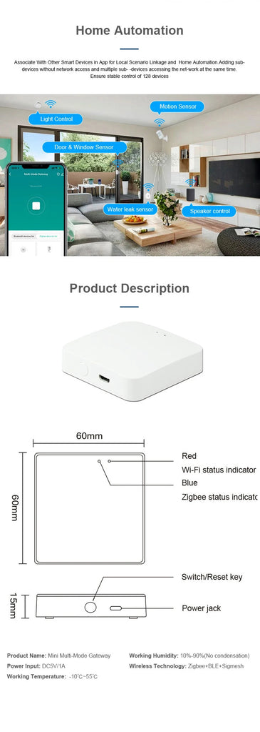 Tuya Wireless Smart Multi-Mode Gateway Hub – Bluetooth & ZigBee Mesh, Smart Life App, Alexa & Google Home Compatible
