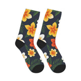 Tropical Floral Mid-Length Socks — Yellow & Orange Plumeria Design thumbnail 7