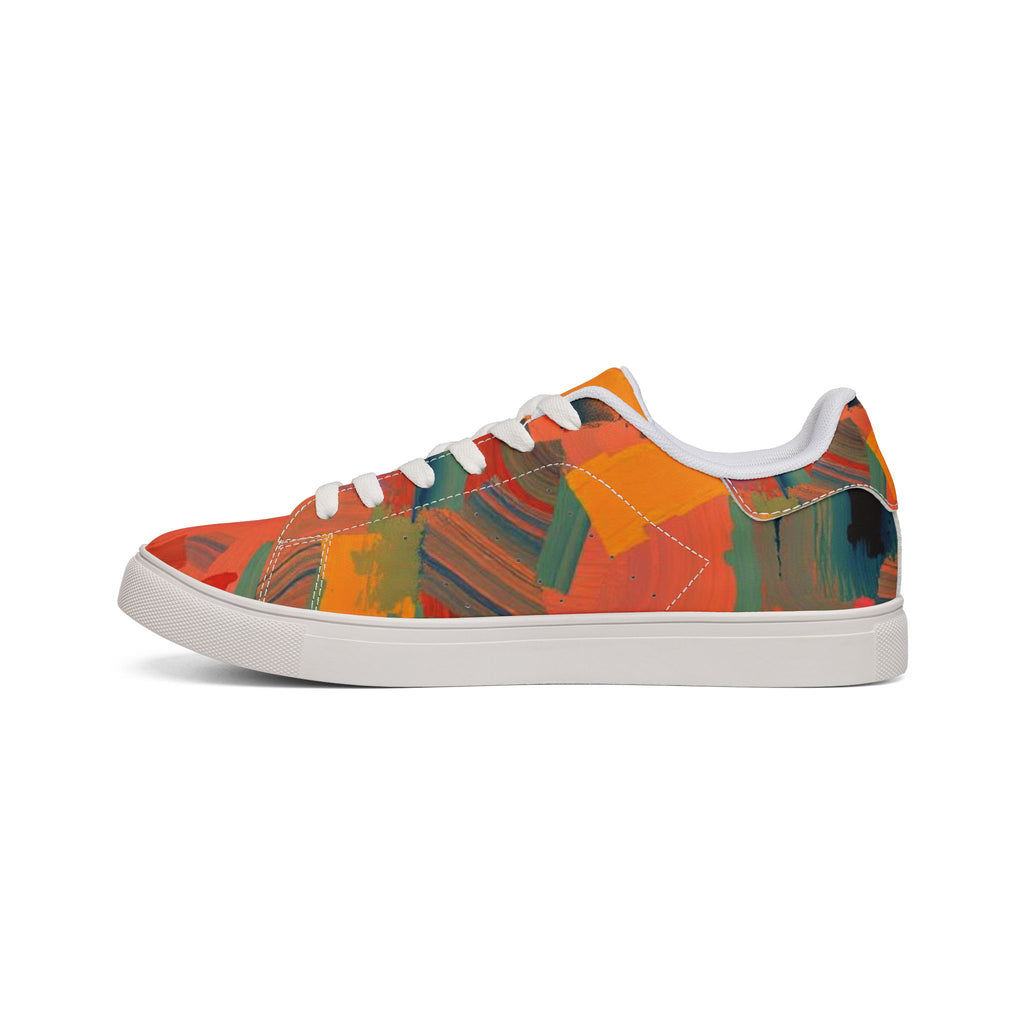 Men's Low-Top Sneakers — Abstract Orange Art Leather Shoes