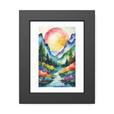 Watercolor Mountain Landscape Framed Poster — Vibrant Sunset River Wall Art thumbnail 1