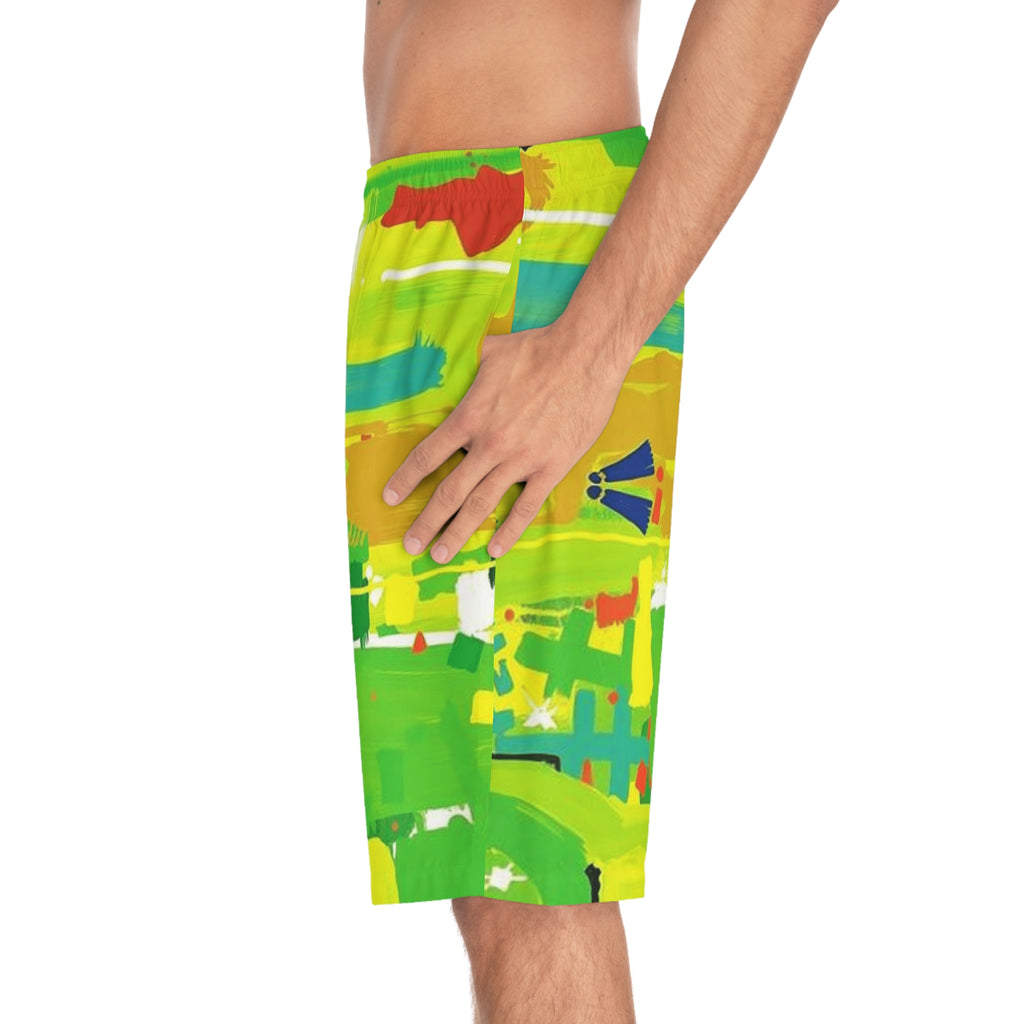 Men's Vibrant Abstract Board Shorts — Tropical Green AOP