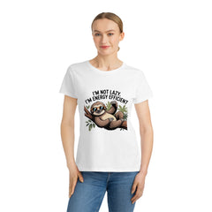 Person wearing a white t-shirt with a sloth graphic and text on a white background