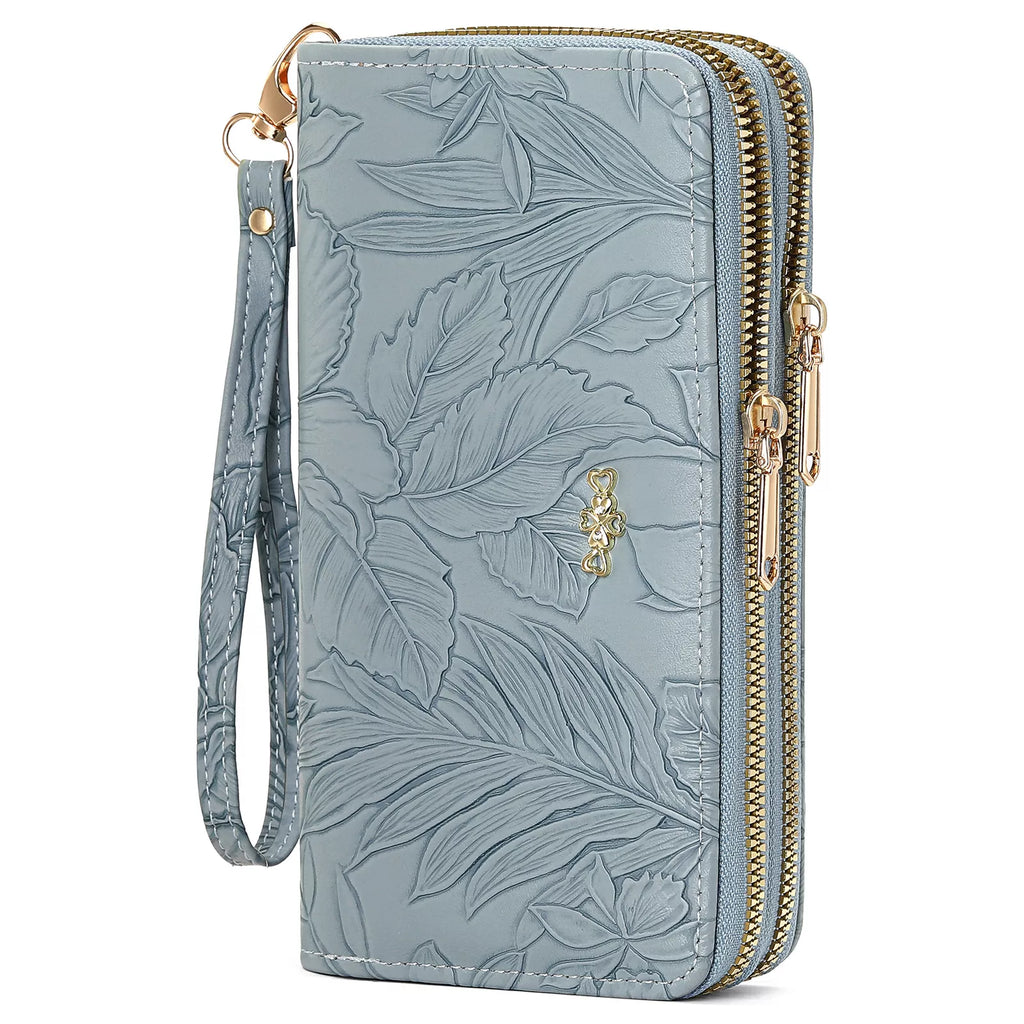 Embossed Floral Pattern Double Zipper Wallet