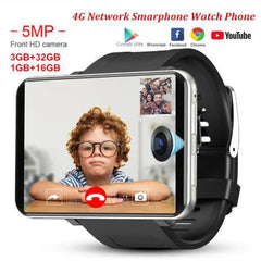 Smartphone watch phone with 5MP front camera and 3GB+32GB storage, featuring Google Play, WhatsApp, Facebook, Chrome, and YouTube logos.