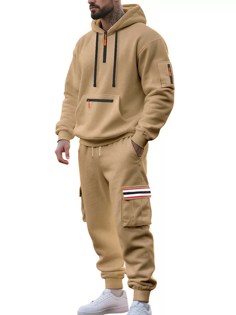 Men's Full Size Casual Half-Zip Hoodie and Cargo Pants Set Plus Size