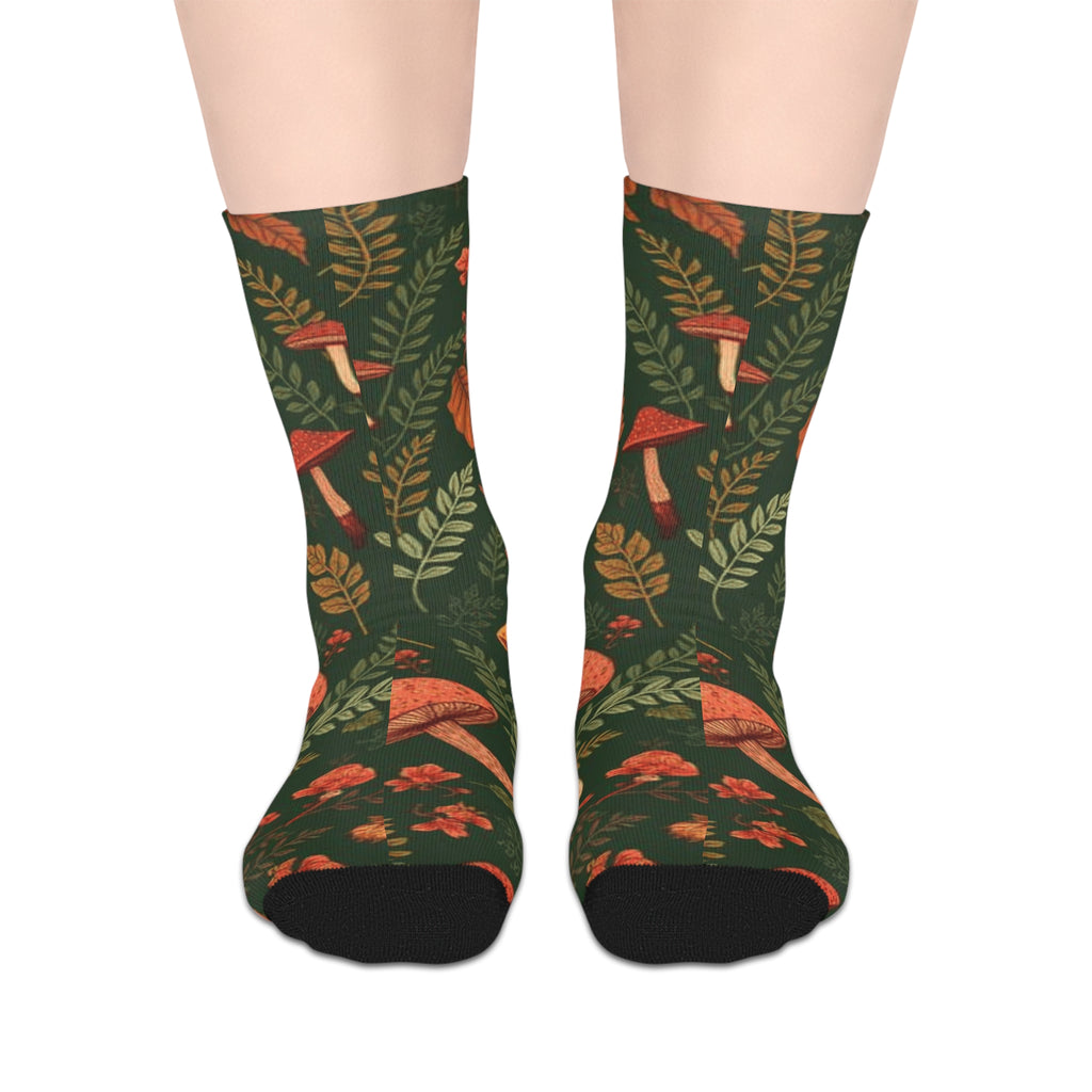 Autumn Mushroom Crew Socks — Forest Leaves & Fungi Mid-Calf Socks