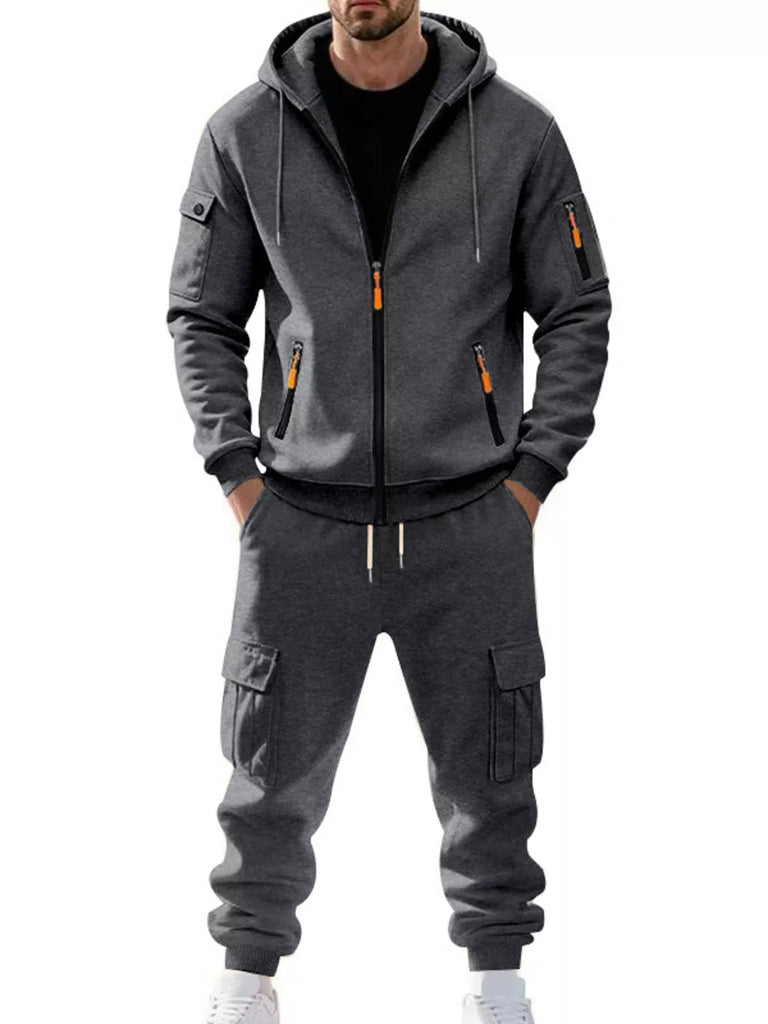 Men's Plus Size Casual Zip-Up Hoodie and Cargo Pants Set