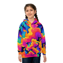 Child wearing a colorful hoodie with a flame pattern on a white background