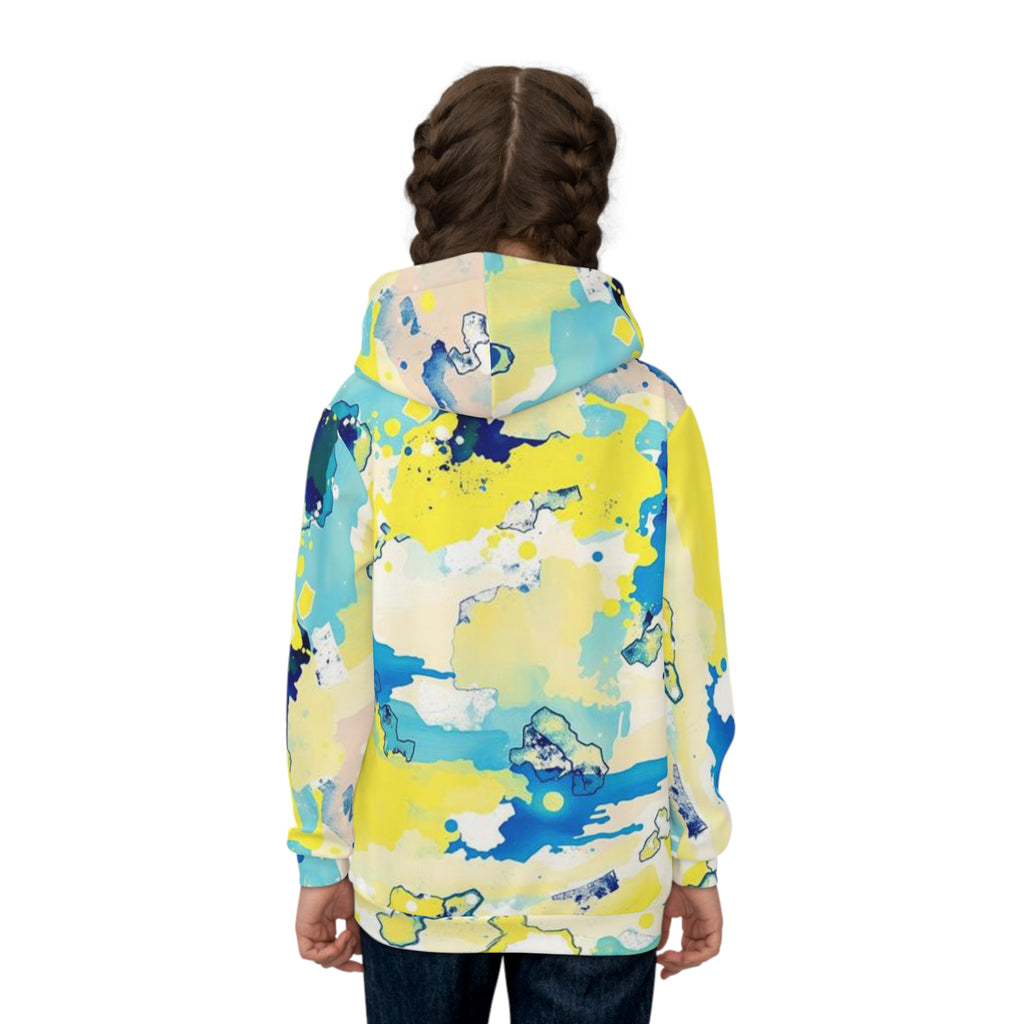 Kids Abstract Watercolor Hoodie – Blue & Yellow All-Over Print
