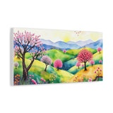Spring Meadow Canvas Wall Art — Colorful Cherry Blossom Landscape, Stretched Matte Canvas thumbnail 1