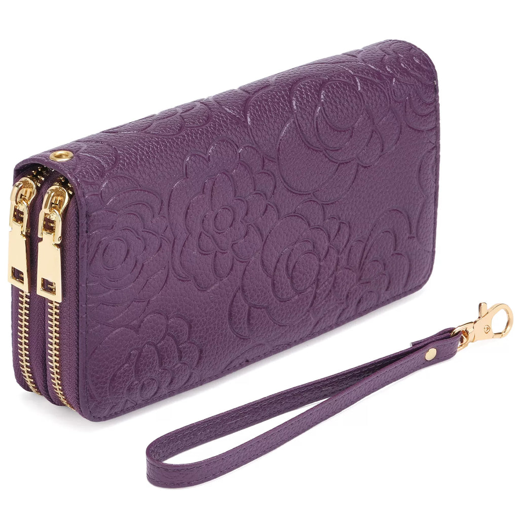 Embossed Floral Pattern Double Zipper Wallet