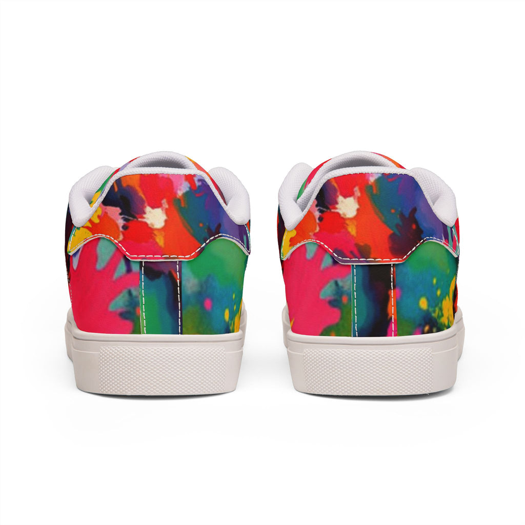 Men's Low-Top Leather Sneakers — Vibrant Multicolor Abstract Paint Splash Design