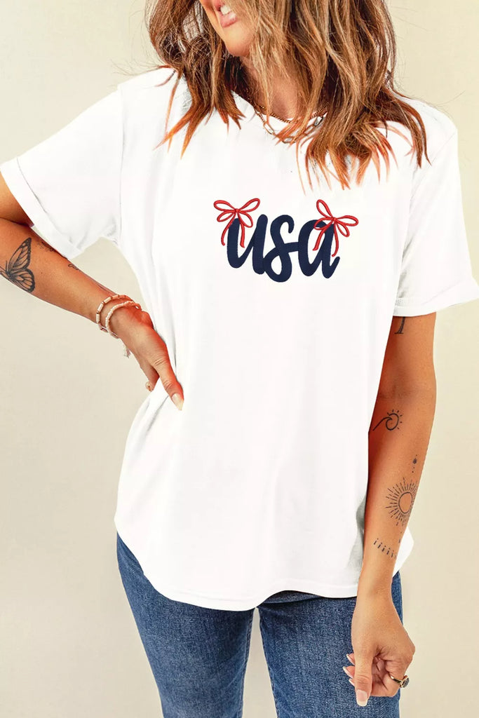 USA Lettering Bow Embroidered T Shirt