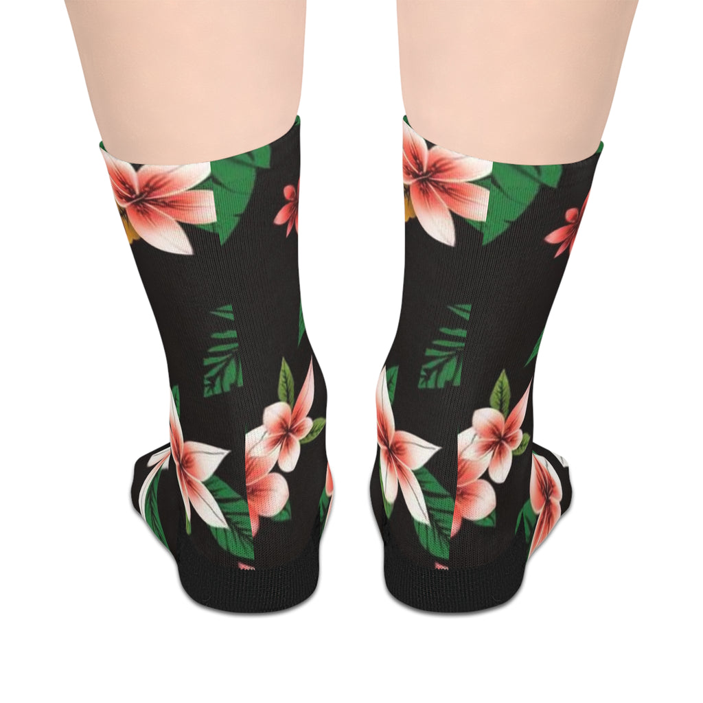Tropical Plumeria Mid-Length Socks — Floral Black Crew Socks
