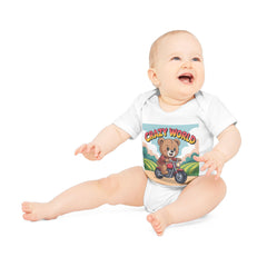Baby Bodysuit - 'Crazy World' Teddy on Motorcycle | Cute Organic Short Sleeve Baby Onesie