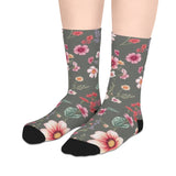 Floral Blooms Mid-Length Socks — Vintage Green Pink Flower Crew Socks thumbnail 3