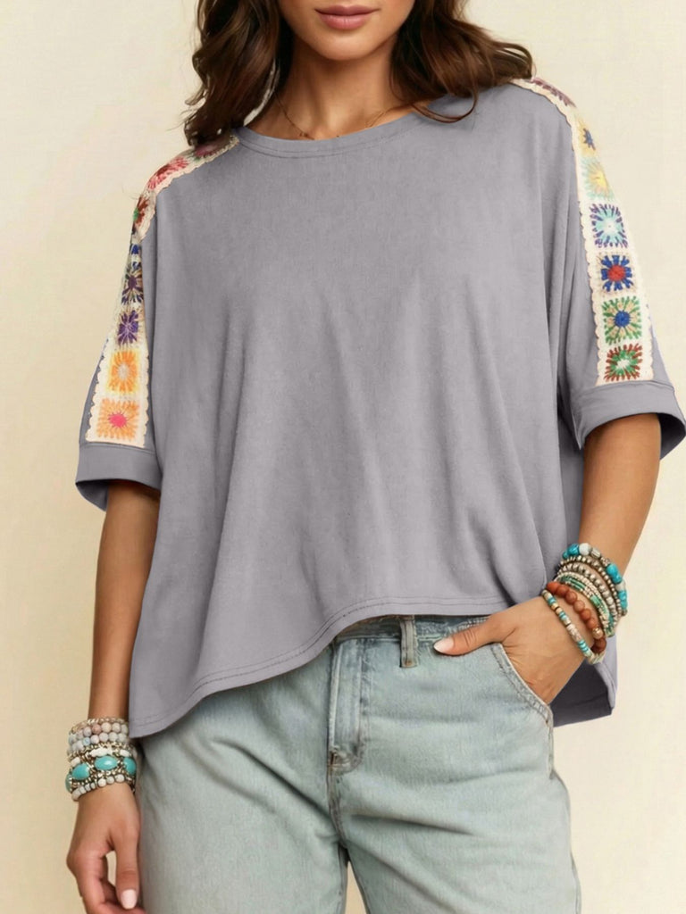 Square Crochet Detail Loose T Shirt