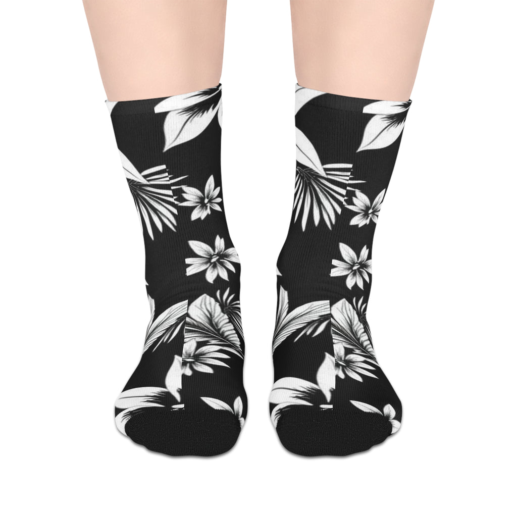 Floral Stripe Mid-Length Socks — Black & White Tropical Flower Crew Socks