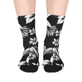 Floral Stripe Mid-Length Socks — Black & White Tropical Flower Crew Socks thumbnail 1