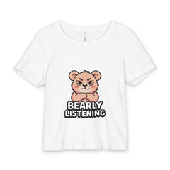 White t-shirt with a bear graphic and 'BEARLY LISTENING' text on a white background