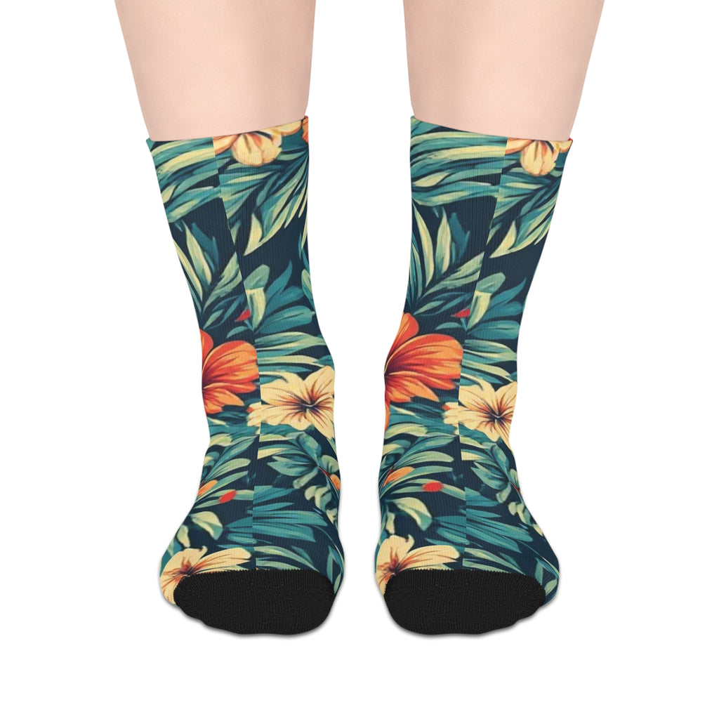 Tropical Floral Mid-Length Socks — Hibiscus Leaf Pattern