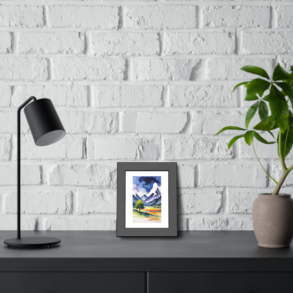 Framed Mountain Watercolor Print — Scenic Landscape Paper Poster