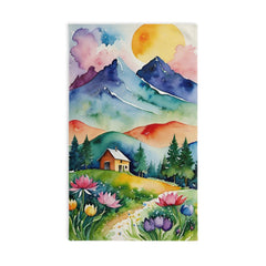Scenic Watercolor Cottage Hand Towel — Floral Mountain Landscape